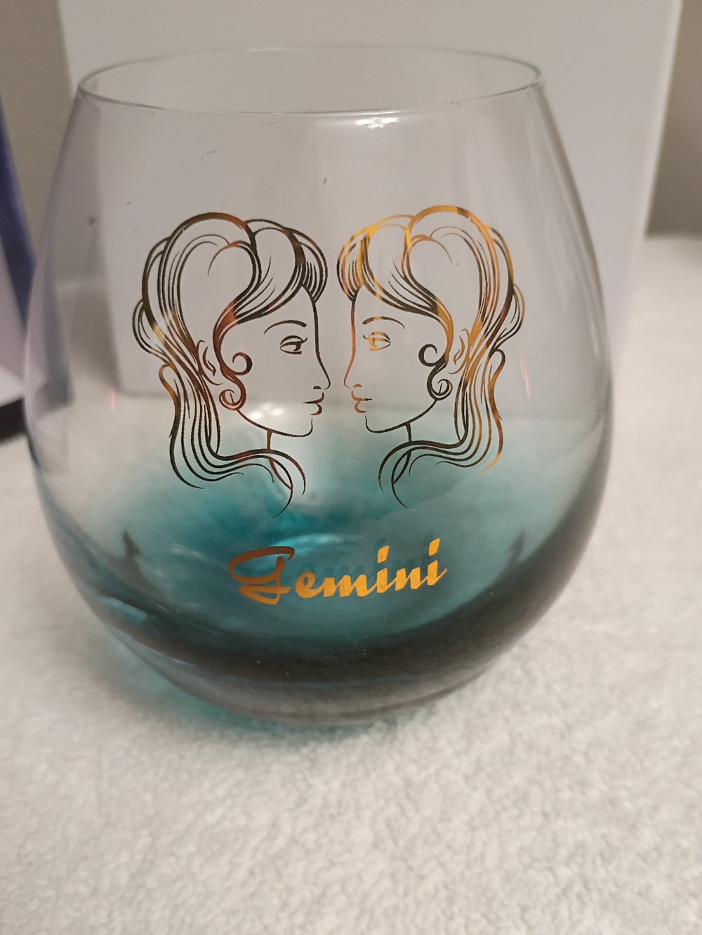 Gemini Stemless Glass Tumbler - Teal Ombre with Gold Zodiac Detail